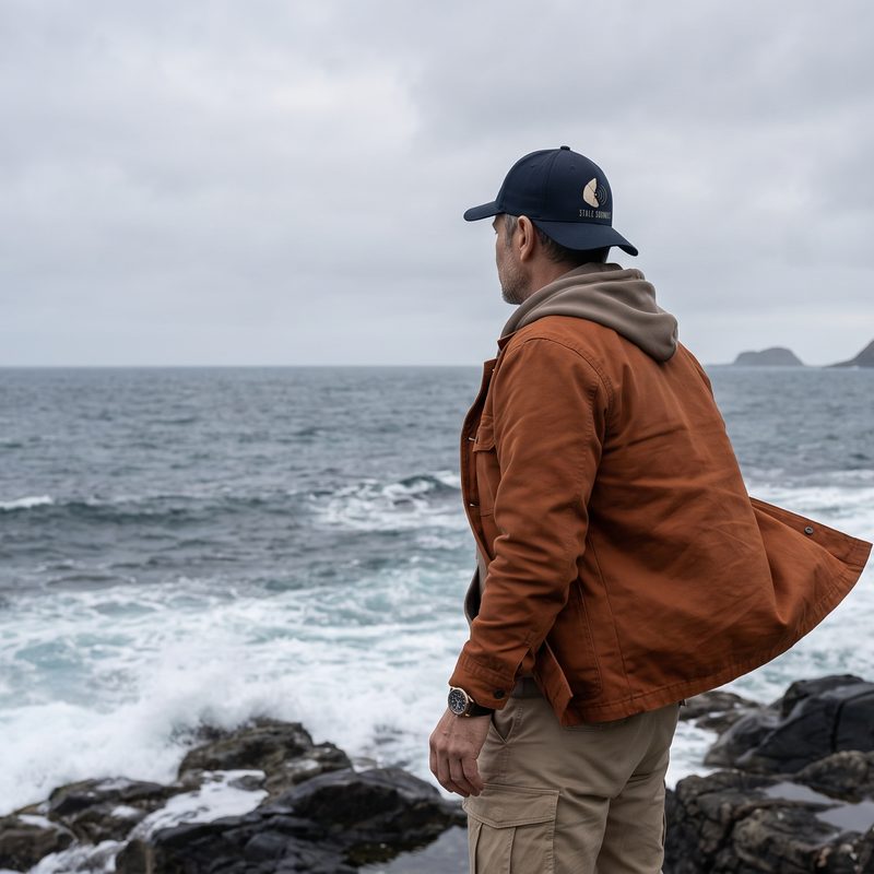 Stale Jan looking out over the sea on a rocky coastline