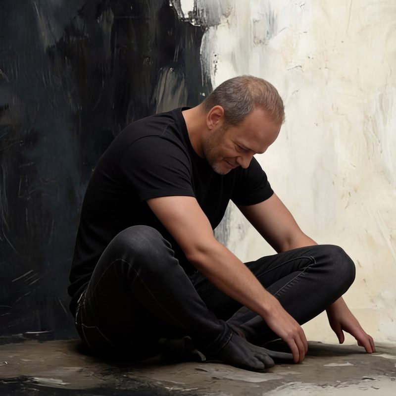Stale Jan sitting on the floor against a black and white painted wall