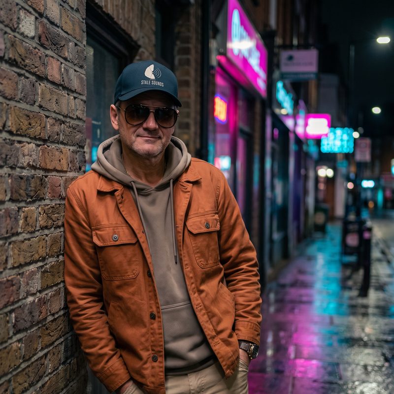 Stale Jan leaning against a brick wall on a neon-lit street at night