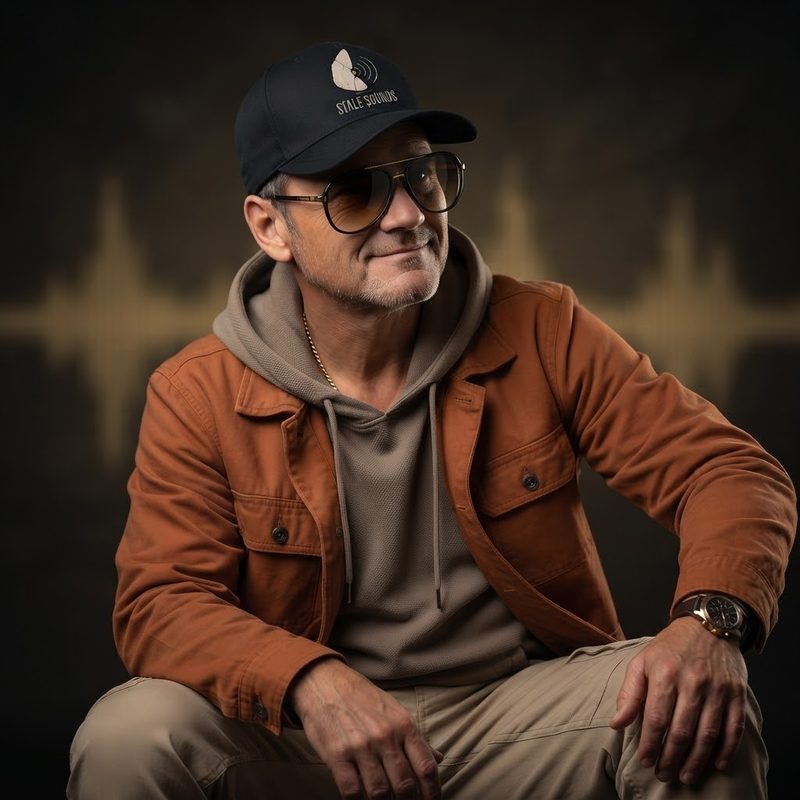 Stale Jan seated in front of a sound-wave backdrop